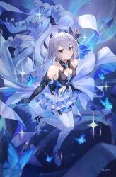 1girl absurdres armpit_crease bare_shoulders black_gloves blue_butterfly blue_veil breasts bronya_zaychik bronya_zaychik_(herrscher_of_reason) bug butterfly closed_mouth clothing_cutout commentary_request drill_hair dvdarts earrings elbow_gloves full_body gloves grey_eyes grey_hair hair_ornament high_heels highres honkai_(series) honkai_impact_3rd insect jewelry long_hair navel small_breasts smile solo stomach stomach_cutout thighhighs twitter_username veil very_long_hair white_thighhighs