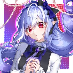 1girl ahoge ascot drill_hair hairband highres huangshangninzheishiximaia91811 long_hair looking_at_viewer mole mole_under_eye parted_lips pointy_ears purple_ascot purple_hair purple_hairband red_eyes shrug_(clothing) upper_body vivian_banshee white_shrug zenless_zone_zero