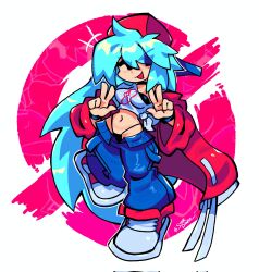 1girl :d bare_shoulders black_panties blue_eyes blue_hair boyfriend_(friday_night_funkin&#039;) breasts crop_top denim donaizt double_v friday_night_funkin&#039; full_body genderswap genderswap_(mtf) hair_over_eyes hat highres jacket jeans long_hair looking_at_viewer medium_breasts midriff navel open_clothes open_jacket open_mouth panties pants red_hat red_jacket red_shoes shirt shoes simple_background smile solo striped_clothes tomboy torn_clothes torn_jeans torn_pants twitter_username underwear v very_long_hair white_background white_shirt wristband