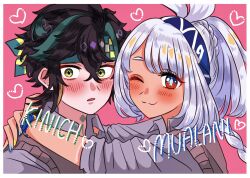 1boy 1girl :3 alternate_costume arms_around_neck black_hair blue_hairband blue_nails blush border braid brown_cardigan cardigan character_name closed_mouth cocotsuko1204 collared_shirt contemporary couple crossed_bangs dark-skinned_female dark_skin drawn_heart eyelashes eyeliner eyeshadow fish-shaped_pupils genshin_impact green_eyes green_hair green_headband hair_between_eyes hairband hands_on_another&#039;s_back headband heads_together heart hetero highres hug kinich_(genshin_impact) long_hair looking_at_viewer makeup mualani_(genshin_impact) multicolored_hair multicolored_nails one_eye_closed open_mouth pink_background ponytail ponytail_with_braided_base purikura purple_shirt raised_eyebrow red_eyeliner red_eyes red_eyeshadow shirt short_eyebrows short_hair three-quarter_sleeves streaked_hair white_border white_hair wide-eyed yellow_nails