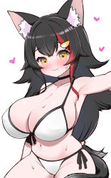1girl animal_ears armpits bikini black_hair blush breasts brown_eyes choker commentary_request front-tie_bikini_top front-tie_top hair_ornament heart highres hololive huge_breasts kani_bonara long_hair looking_at_viewer multicolored_hair navel ookami_mio red_hair side-tie_bikini_bottom simple_background skindentation smile solo strap_gap streaked_hair swimsuit tail virtual_youtuber white_background white_bikini wolf_ears wolf_girl wolf_tail
