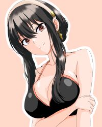 1girl absurdres arm_under_breasts bikini black_bikini black_hair breasts cleavage closed_mouth collarbone death_moa earrings gold_earrings hairband highres jewelry large_breasts long_hair long_sidelocks looking_at_viewer red_eyes sidelocks simple_background smile solo spy_x_family swimsuit upper_body white_hairband yor_briar