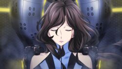 Rule 34 | 1girl, bare shoulders, blood, blood drip, blood from forehead, blood on face, blue bodysuit, bodysuit, brown hair, closed eyes, clothing cutout, collarbone, exoskeleton, facing viewer, floating hair, fukuda tomonori, game cg, hair over shoulder, high collar, highres, indoors, lipstick, long hair, makeup, mature female, mecha interior, mecha pilot suit, non-web source, official art, open mouth, parted bangs, pilot, piloting, red lips, robotics;notes, senomiya misaki, shiny lips, shoulder cutout, sitting, skin tight, smoke, solo, tongue, vertical-striped bodysuit