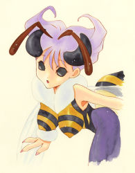 1girl antennae arthropod_girl bee_girl bee_wings bent_over black_eyes breasts capcom covered_erect_nipples darkstalkers female_focus huge_breasts insect_girl insect_wings leotard monster_girl multicolored_leotard nanase_aoi no_pupils open_mouth q-bee simple_background solid_eyes solo two-tone_leotard wings