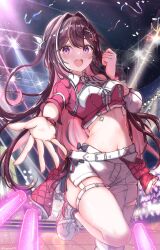 Rule 34 | 1girl, absurdres, asymmetrical clothes, azki (hololive), belt, blush, braid, breasts, brown hair, center frills, collared shirt, colored inner hair, commentary request, cropped shirt, dancing, detached sleeves, double-parted bangs, frills, from-moon, glowstick, hair intakes, hair ornament, hairclip, half up half down braid, highres, hololive, hololive idol uniform (color rise), idol, idol clothes, long hair, looking at viewer, medium breasts, mole, mole under eye, multicolored hair, multicolored shirt, offering hand, official alternate costume, open mouth, overskirt, pants, pink hair, pink overskirt, pink shirt, ponytail, purple eyes, reaching, reaching towards viewer, shirt, shoes, short ponytail, single detached sleeve, single pantsleg, single sleeve, smile, sneakers, solo, stage, stage lights, standing, standing on one leg, streaked hair, thigh strap, very long hair, virtual youtuber, white belt, white hair, white pants, white shirt, white shoes