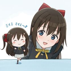 ^_^ absurdres bent_over black_jacket blue_eyes blush bow brown_hair chibi closed_eyes collared_shirt hair_between_eyes hair_bow highres jacket long_hair looking_at_another love_live! love_live!_nijigasaki_high_school_idol_club neck_ribbon nijigasaki_school_uniform one_side_up open_mouth osaka_shizuku plaid_clothes plaid_skirt red_bow ribbon school_uniform shirt sidelocks skirt smile tata_(tataice) translation_request white_background white_skirt winter_uniform yellow_ribbon