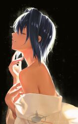1girl absurdres backlighting bare_shoulders bed_sheet black_background blue_hair chia-yu_huang closed_eyes commentary from_side hair_intakes hands_up highres hololive hololive_english naked_sheet ouro_kronii parted_lips short_hair solo twitter_username virtual_youtuber