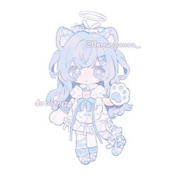 1girl animal_ears animal_hands blue_eyes blue_hair cat_ears cat_girl cat_tail chibi chibi_only dress english_text full_body gloves hair_between_eyes hair_ornament hairclip halo long_hair memuro original parted_lips paw_gloves sample_watermark solo tail thighhighs watermark white_background white_dress white_thighhighs