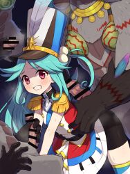 1girl 3boys aqua_hair bar_censor beball_(megido72) bike_shorts censored chiwino clenched_teeth epaulettes furry furry_male furry_with_non-furry gangbang group_sex hat highres imminent_penetration imminent_rape interspecies long_hair looking_at_viewer megido72 multiple_boys penis petite pink_eyes tearing_up teeth top_hat torso_grab