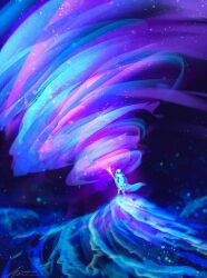 1other cloak faceless facing_viewer full_body holding holding_staff hood hood_up limited_palette mountaintop night original outdoors painterly saturated scenery sky staff standing star_(sky) starry_sky swirl vortex zandra