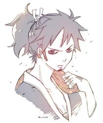 1boy black_hair chest_tattoo closed_mouth commentary_request earrings facial_hair goatee hand_tattoo highres jewelry looking_at_viewer male_focus one_piece ponytail ruika46 sideburns simple_background solo tattoo trafalgar_law twitter_username upper_body white_background