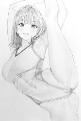 Rule 34 | 1girl, absurdres, armpits, breasts, cameltoe, commentary request, covered navel, graphite (medium), greyscale, grin, hands up, highres, large breasts, lensia, leotard, light blush, looking at viewer, medium hair, monochrome, original, partially visible vulva, smile, solo, split, spread legs, standing, standing on one leg, standing split, traditional media