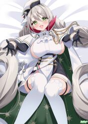 1girl absurdres aquila_(azur_lane) azur_lane black_gloves blush breasts dress elegant_(sumisumi4268) gloves green_eyes grey_hair hat highres large_breasts long_hair long_sleeves looking_at_viewer lying multicolored_dress on_back open_mouth outstretched_arms sideboob solo thigh_strap thighhighs twintails very_long_hair white_thighhighs