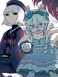 2girls bare_shoulders blue_dress blue_ribbon blush breasts dress fate/grand_order fate_(series) horns japanese_clothes kimono long_hair long_sleeves looking_at_viewer louhi_(fate) louhi_(first_ascension)_(fate) multiple_girls open_mouth red_kimono ribbon sen_no_rikyu_(fate) sen_no_rikyu_(first_ascension)_(fate) sharp_teeth short_hair small_breasts smile teeth ttmt