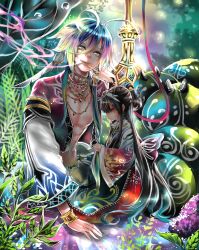 1boy 1girl abs absurdres alice_(alice_in_wonderland) alice_in_wonderland antennae apron bare_pectorals black_apron black_hair blue_eyes blue_hair blunt_bangs bracelet braiding_hair bubble caterpillar_(alice_in_wonderland) chinese_clothes chinese_hairpin closed_mouth colored_tips commentary cowboy_shot day earrings english_commentary expressionless eyelashes fern forest gold_bracelet gold_earrings gradient_sleeves grey_eyes hair_between_eyes hair_ornament hair_spread_out hairdressing half_updo hanfu highres hoop_earrings jewelry lace-trimmed_apron lace_trim layered_sleeves light_particles lips long_hair long_hair_between_eyes long_skirt long_sleeves looking_at_another looking_at_viewer mouth_hold multicolored_hair nature neck outdoors pectorals personification pink_lips purple_sleeves red_skirt shirt short_over_long_sleeves short_sleeves shrimp_hebu size_difference skirt smile smoke smoking smoking_pipe sound_effects thick_eyebrows toned toned_male very_long_hair white_shirt