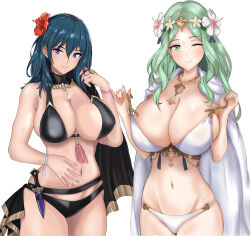 2girls bare_shoulders belt bikini black_belt black_bikini black_choker blue_eyes blue_hair breasts cape choker cleavage commentary_request covered_erect_nipples cowboy_shot dagger female_byleth_(fire_emblem) female_byleth_(summer)_(fire_emblem) fire_emblem fire_emblem:_three_houses fire_emblem_heroes flower green_eyes green_hair hair_flower hair_ornament hand_up highres knife large_breasts long_hair looking_at_viewer mali-sa multiple_girls navel nintendo official_alternate_costume red_flower rhea_(fire_emblem) rhea_(summer)_(fire_emblem) sideboob simple_background smile standing stomach swimsuit weapon white_background white_bikini white_cape white_flower