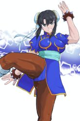 1girl absurdres ameh_li azumanga_daiou black_eyes black_hair blue_panties bracelet breasts capcom chun-li chun-li_(cosplay) clothing_aside cosplay hair_bun highres incoming_attack incoming_kick jewelry kurosawa_minamo medium_breasts muscular_legs panties pantyhose pantyshot pelvic_curtain pelvic_curtain_aside short_hair short_hair_with_long_locks spiked_bracelet spikes street_fighter thick_thighs thighs underwear