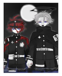 2boys ahoge aotsuki_eito black_hair blood blood_on_clothes blood_on_face blood_on_hands blood_splatter blue_eyes border fangs glasses highres holding_hands looking_at_viewer male_focus matching_outfits moon multicolored_hair multiple_boys red_hair smile sumino_takumi the_hundred_line_-last_defense_academy- white_border white_hair yaoi