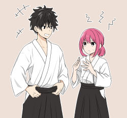 1boy 1girl alternate_costume arato_hisako black_hair clothing_request collarbone eye_contact grin hands_up highres long_sleeves looking_at_another messy_hair nakiri_asahi outline pink_hair ponytail shokugeki_no_souma short_hair simple_background smile teeth toy-black white_outline