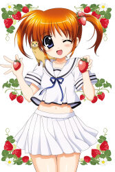Rule 34 | 1girl, adapted costume, animal, animal on shoulder, blue eyes, blush, brown hair, commentary, cowboy shot, cropped shirt, english commentary, ferret, food, food-themed hair ornament, fruit, hair ornament, higa yukari, highres, holding, holding food, looking at viewer, lyrical nanoha, mahou shoujo lyrical nanoha, miniskirt, navel, official art, one eye closed, one side up, open mouth, pleated skirt, sailor collar, school uniform, seishou elementary school uniform, shirt, short hair, short sleeves, simple background, skirt, smile, solo, strawberry, strawberry hair ornament, takamachi nanoha, twintails, white background, white sailor collar, white shirt, white skirt, yuuno scrya