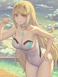 Rule 34 | 1girl, artist name, beach, blonde hair, breasts, cleavage, cloud, cloudy sky, collarbone, commentary, core crystal (xenoblade), earrings, eyelashes, gofelem, hand on own hip, horizon, jewelry, large breasts, leaning forward, long hair, looking at viewer, mythra (radiant beach) (xenoblade), mythra (xenoblade), one-piece swimsuit, patreon username, sky, smile, solo, standing, swept bangs, swimsuit, tiara, twitter username, very long hair, water, watermark, web address, white one-piece swimsuit, xenoblade chronicles (series), xenoblade chronicles 2, yellow eyes