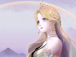 Rule 34 | 1girl, absurdres, animal print, bare shoulders, black dress, blonde hair, blue eyes, blue sky, butterfly print, chain, choker, closed mouth, cloud, day, detached sleeves, dress, earrings, expressionless, eyelashes, feather dress, gold tiara, hair ornament, heart, heart choker, highres, infinity nikki, jewelry, light particles, lipstick, long hair, looking ahead, lx6483724, makeup, mountain, nikki (series), outdoors, pink lips, sky, solo, star (symbol), star hair ornament, strapless, strapless dress, tiara, two-tone dress, upper body, very long hair, white sleeves, yellow dress