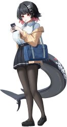 1girl absurdres bag black_pantyhose black_shoes black_skirt blue_bag breasts brown_cardigan cardigan collared_shirt colored_inner_hair duffel_bag ellen_joe ellen_joe_(on_campus) fahufahu fins fish_tail full_body hairband highres holding holding_phone large_breasts loafers lollipop_in_mouth looking_at_phone metal_hairband multicolored_hair official_alternate_costume open_cardigan open_clothes pantyhose phone pleated_skirt shark_girl shark_tail shirt shoes short_hair skirt tail white_background white_shirt zenless_zone_zero