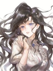 1girl absurdres black_hair fei_zou_yi_guo_gezi floating_hair gloves hand_up highres isolde_(reverse:1999) jewelry juliet_sleeves long_hair long_sleeves looking_at_viewer necklace parted_lips pearl_necklace puffy_sleeves purple_eyes reverse:1999 solo upper_body wavy_hair white_background yellow_gloves