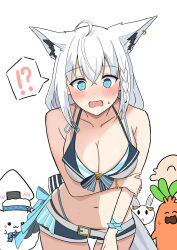 !? 1girl ahoge animal_ear_fluff animal_earrings animal_ears aqua_eyes arm_under_breasts bare_shoulders bikini blush bracelet braid breasts collarbone embarrassed fox_ears fox_girl fox_tail hair_between_eyes hand_on_own_arm highres hololive hololive_summer_2023_swimsuit jewelry large_breasts layered_bikini long_hair navel open_mouth shirakami_fubuki shirokuma_pino side_braid simple_background speech_bubble stomach swimsuit tail virtual_youtuber white_background white_hair