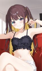 1girl absurdres armpits black_ribbon black_shirt blonde_hair blush brown_eyes brown_hair buttons collarbone colored_inner_hair commentary couch crop_top crossed_legs english_commentary frilled_shirt frills hair_tie highres indoors lewd_chan long_hair looking_at_viewer multicolored_hair navel on_couch original outstretched_arms ribbon rina_(lewd_chan) shirt shirt_ribbon short_shorts shorts sitting smile spaghetti_strap spread_arms stomach television two_side_up white_shorts window_shadow