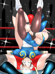 1boy 1girl battle beaten blush boots bracelet breasts brown_hair bun_cover capcom china_dress chinese_clothes chun-li crotch defeat double_bun dress fighting ghost13 hair_bun highres holding jewelry mask muscular open_mouth pain pantyhose piledriver_(wrestling) restrained ryona sash shoes street_fighter street_fighter_ii_(series) street_fighter_iv_(series) street_fighter_v street_fighter_zero_(series) submission sweat thick_thighs thighs underwear upside-down wrestler wrestling wrestling_outfit wrestling_ring