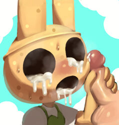 1girl animal_crossing black_eyes blue_background blush breath coco_(animal_crossing) cum cum_in_eye cum_in_mouth disembodied_penis dripping erection flat_chest furry furry_female furry_with_non-furry green_vest hand_up highres hollow_eyes interspecies jaggy_lines lilmoonie nintendo nose_blush open_mouth penis penis_grab penis_on_face portrait rabbit_ears rabbit_girl shiny_skin shirt short_sleeves simple_background sketch solo_focus steam sweat testicles vest white_shirt
