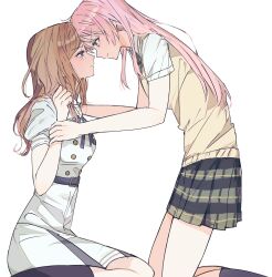 2girls absurdres bang_dream! bang_dream!_it&#039;s_mygo!!!!! black_socks blush brown_sweater_vest chibiya1010 chihaya_anon commentary_request crying crying_with_eyes_open dress eye_contact green_skirt grey_eyes haneoka_school_uniform highres holding_another&#039;s_wrist kneehighs korean_commentary long_hair looking_at_another multiple_girls nagasaki_soyo pink_hair plaid_clothes plaid_skirt pleated_skirt school_uniform short_sleeves sidelocks simple_background skirt socks sweater_vest tears tsukinomori_school_uniform white_background white_dress yuri