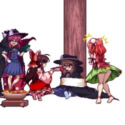 &gt;_&lt; +++ 4girls animated animated_gif ass bandaged_arm bandages barefoot bound bow brown_eyes brown_hair bullying bun_cover cape cellphone closed_eyes commentary_request cosplay detached_sleeves double_bun food futatsuiwa_mamizou glasses hair_bow hair_bun hair_tubes hakurei_reimu hat hat_bow hotpot ibaraki_kasen laughing long_hair long_sleeves low_twintails migel_futoshi multiple_girls oden open_mouth phone pixel_art portable_stove raccoon_tail red-framed_eyewear red_hair ribbon-trimmed_sleeves ribbon_trim rope short_hair simple_background stove tail tears tied_up_(nonsexual) touhou twintails upskirt usami_sumireko usami_sumireko_(cosplay) white_background wide_sleeves