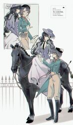 2girls absurdres artist_name ascot black_footwear black_hair black_hat black_necktie boots bridle brown_ascot brown_hair brown_pants dress eyewear_strap full_body glasses green_eyes green_jacket hat highres holding holding_hands holding_riding_crop horse horseback_riding isolde_(reverse:1999) jacket kakania_(reverse:1999) knee_boots long_dress long_hair long_sleeves looking_at_another low_ponytail multiple_girls multiple_views necktie pants pants_tucked_in ponytail profile puffy_long_sleeves puffy_sleeves purple_eyes purple_hat purple_jacket reins reverse:1999 riding riding_crop round_eyewear shirt sidesaddle skirt standing very_long_hair volcanoyyy watermark white_background white_shirt white_skirt