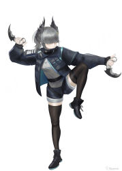 Rule 34 | 1girl, absurdres, ankle boots, arknights, black boots, black gloves, black jacket, black shorts, black thighhighs, boots, closed mouth, commentary, covered eyes, dual wielding, english commentary, fingerless gloves, full body, gloves, grey hair, hair ornament, hair over eyes, hairclip, highres, holding, holding weapon, jacket, karambit, leg up, long sleeves, myooork, reserve operator specialist (arknights), short hair, short shorts, shorts, simple background, solo, standing, standing on one leg, thighhighs, walkie-talkie, weapon, white background