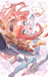 +_+ 1girl :o absurdres ahoge animal ankle_boots armadillo black_boots blue_thighhighs blush boots bow bowtie cake cake_slice checkerboard_cookie coffee commentary cookie cup english_commentary food green_eyes heart heart_ahoge highres hinaichi_(kyuuketsuki_sugu_shinu) holding holding_cup holding_sword holding_weapon in_food john_(kyuuketsuki_sugu_shinu) kyuuketsuki_sugu_shinu leg_up long_hair macaron open_mouth orange_hair parfait parted_bangs petals pink_bow pink_bowtie plate shounibyou_(shonibyodayo) sidelocks simple_background skirt solo spilling sword tea teacup thighhighs weapon white_background white_skirt