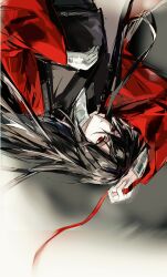 Rule 34 | 1boy, bandaged neck, bandages, black hair, black hanfu, chinese clothes, chinese commentary, closed mouth, coat, dao gui yi xian, hair between eyes, hair down, hanfu, highres, holding, holding ribbon, li huowang, long hair, long sleeves, looking at viewer, male focus, ngngnihaode, open clothes, open coat, red coat, red eyes, red ribbon, ribbon, robe, sketch, solo, upside-down, wide sleeves