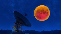 Rule 34 | artist name, blue sky, commentary, english commentary, full moon, highres, mclelun, moon, night, night sky, no humans, outdoors, photoshop (medium), radio telescope, red moon, scenery, sky, star (sky), starry sky