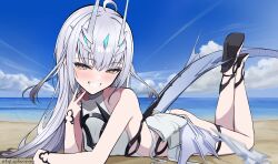 1girl absurdres bare_shoulders beach blush breasts commentary_request dragon_horns dragon_tail dragon_wings fate/grand_order fate_(series) forked_eyebrows grin highres horns jewelry long_hair looking_at_viewer lying melusine_(fate) melusine_(swimsuit_ruler)_(fate) melusine_(swimsuit_ruler)_(second_ascension)_(fate) on_stomach one-piece_swimsuit shore sidelocks small_breasts smile solo swimsuit tail thighlet uriuriyukitti white_hair white_one-piece_swimsuit wings yellow_eyes