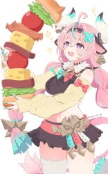 Rule 34 | 1girl, absurdres, ahoge, animal ears, aqua bow, aqua hair, aqua hairband, arm bow, bandaid, bandaid on cheek, bandaid on face, bandaid on horn, bell, bell earrings, belt, black hairband, black skirt, blush, bow, braid, bread, breasts, cheese, cow ears, cow girl, cow horns, cow tail, cowbell, detached sleeves, drooling, earrings, food, genshin impact, gradient hair, hair intakes, hairband, highres, horns, jewelry, large breasts, lettuce, long hair, long sleeves, meat, multicolored hair, multicolored hairband, multiple rings, navel, open mouth, pink bandaid, pink eyes, pink hair, pink hairband, red belt, red bow, ribbed sleeves, ring, sandwiched, sausage, simple background, single earring, single thighhigh, skirt, sleeves past wrists, smile, solo, stomach, sweet miuk tea, tail, teeth, thighhighs, thighs, tomato, twin braids, twintails, twitter username, upper teeth only, varesa (genshin impact), white background, white horns, white thighhighs, yellow sleeves