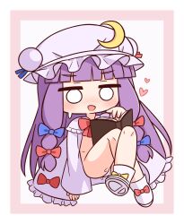 1girl :d blank_eyes blue_bow blush book boots border bow chibi crescent crossed_legs frills full_body hair_bow hana_kazari hat highres long_hair looking_at_viewer mob_cap open_book open_clothes open_mouth open_robe panties patchouli_day patchouli_knowledge pink_border purple_hair purple_hat purple_robe red_bow robe shoe_soles smile solo sweat touhou underwear very_long_hair white_background white_boots white_panties yellow_bow