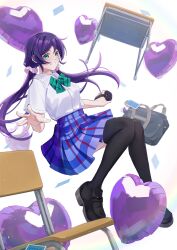 1girl absurdres bag balloon black_shoes black_thighhighs blue_skirt camera card chair commentary desk falling green_eyes green_ribbon hair_ornament hair_scrunchie heart_balloon highres holding holding_camera long_hair love_live! love_live!_school_idol_project low_twintails midair neck_ribbon otonokizaka_school_uniform purple_hair raven_(rnzraven) ribbon school_bag school_chair school_desk school_uniform scrunchie shirt shoes skirt smile solo thighhighs tojo_nozomi twintails white_background white_shirt