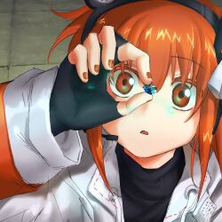 1girl a.i._voice adachi_rei black_gloves black_shirt chill_(chill_meal) fingerless_gloves gem gloves hand_up headlamp headset highres jacket long_sleeves looking_at_object medium_hair open_clothes open_jacket open_mouth orange_eyes orange_hair orange_nails portrait shirt solo tile_floor tiles utau white_jacket wide-eyed
