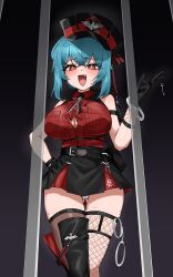 1girl absurdres arm_strap asymmetrical_legwear bare_shoulders belt bianca_(black_survival) bianca_(prison_guard)_(black_survival) black_boots black_gloves black_hat black_skirt black_survival blue_hair boots breast_pocket breasts brown_thighhighs button_gap cameltoe center_frills cleavage collared_shirt cross-shaped_pupils cuffs dangling dress_shirt eternal_return:_black_survival fang fishnet_thighhighs fishnets frills gloves gluteal_fold hahyaha hand_on_own_hip hand_up handcuffs hat highres iron_bars key large_breasts looking_at_viewer medium_hair miniskirt necktie official_alternate_costume open_mouth panties peaked_cap pocket red_eyes red_shirt shirt shirt_tucked_in short_necktie single_thigh_boot skirt sleeveless sleeveless_shirt smile solo standing symbol-shaped_pupils thigh_boots thigh_gap thighhighs thighs underwear v white_panties