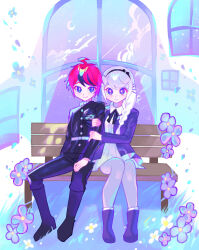1boy 1girl ahoge belt black_boots black_hair black_hairband black_pants black_ribbon blue_eyes boots braid bright_pupils buttons closed_mouth cloud commentary crescent_moon grey_pantyhose hair_ornament hairband hairclip highres holding_another&#039;s_arm iro_(mywife_sunny) jacket kirifuji_nozomi last_defense_academy_school_uniform long_hair mole mole_under_eye moon multicolored_hair neck_ribbon on_bench open_clothes open_jacket pants pantyhose pleated_skirt purple_boots purple_eyes purple_jacket red_hair ribbon school_uniform shirt side_braid sitting skirt smile star_(sky) sumino_takumi symbol-only_commentary the_hundred_line_-last_defense_academy- two-tone_hair white_belt white_hair white_pupils white_shirt white_skirt window