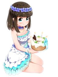 1girl absurdres asahina_kokomi battle_girl_high_school blue_eyes blunt_bangs breasts brown_hair cake choker cleavage clip_studio_paint_(medium) closed_mouth dress food happy_tears head_wreath highres holding holding_cake holding_food kneeling looking_at_viewer short_hair simple_background smile solo tamanegi_(12030028) tears white_dress