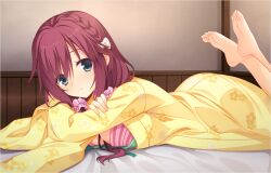 1girl aqua_eyes barefoot blush bow braid breasts cherry_blossom_print closed_mouth crossed_ankles crossed_arms eyelashes eyes_visible_through_hair feet floral_print floral_print_kimono from_side frown game_cg hair_between_breasts hair_between_eyes hair_bow hair_ornament hair_scrunchie indoors japanese_clothes kimono knees_out_of_frame large_breasts long_hair long_sleeves looking_at_viewer low_twintails lying maniwa_roka muririn non-web_source official_art on_bed on_stomach otogi_frontier pink_scrunchie print_kimono red_hair scrunchie senren_banka side_braid soles solo split_mouth the_pose toes twintails variant_set white_bow wide_sleeves yellow_kimono