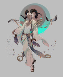 1boy 2017 animal aries_(zodiac) artist_name bird black_horns bright_pupils cleavage_cutout closed_mouth clothing_cutout curled_horns dark-skinned_male dark_skin dated flower full_body geta grey_background highres holding holding_staff horn_ornament horns lian_yao long_sleeves looking_at_viewer male_focus original personification petals purple_flower sheep_horns shirt short_hair sidelocks skin_tight smile socks solo staff tabi turtleneck white_hair white_pupils white_shirt white_socks wide_sleeves yellow_eyes zodiac