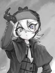 costume detective digimon digimon_ghost_game expressionless gloves hat higashimitarai_kiyoshiro looking_at_viewer lpinoniql_pig open_hand ribbon short_hair white_hair